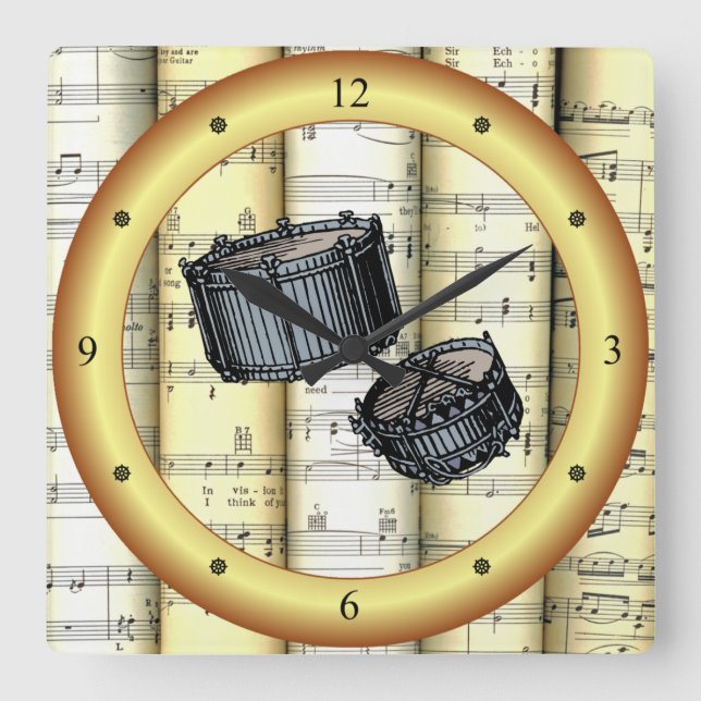 Snare Drums ~ Rolled Sheet Music ~ Gold Ring ~ * ~ Square Wall Clock (Front)