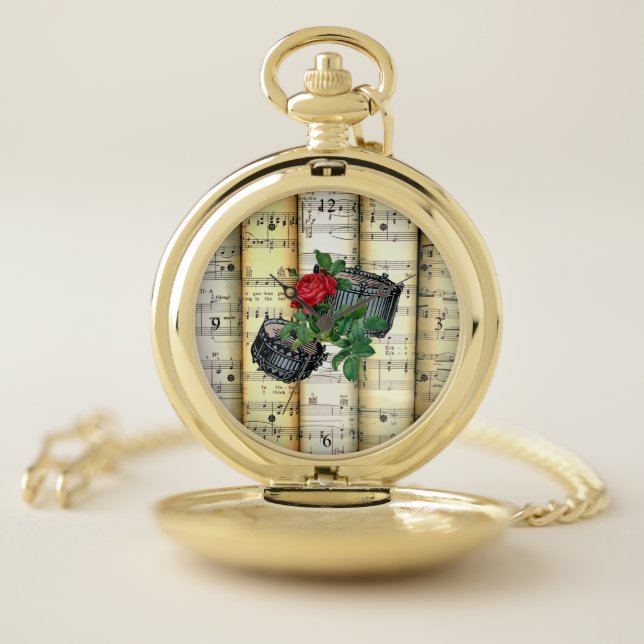 Snare Drums & Rose ~ Rolled Sheet Music ~ Pocket Watch (Inside)
