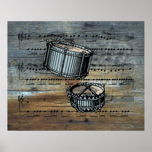 Snare Drums ~ Sheet Music On Barnwood Background Poster