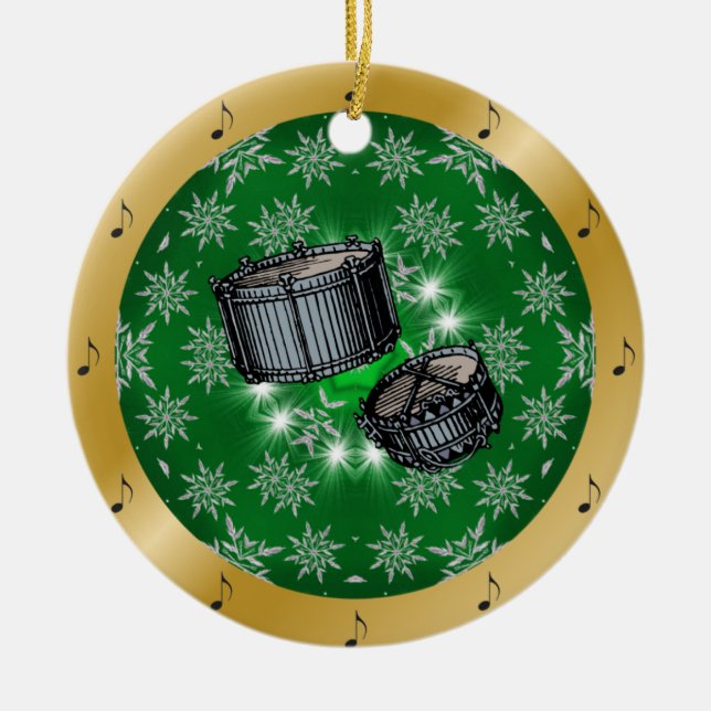 Snare Drums ~ Silver ~ Green ~ Gold ~ Christmas ~ Ceramic Ornament (Front)