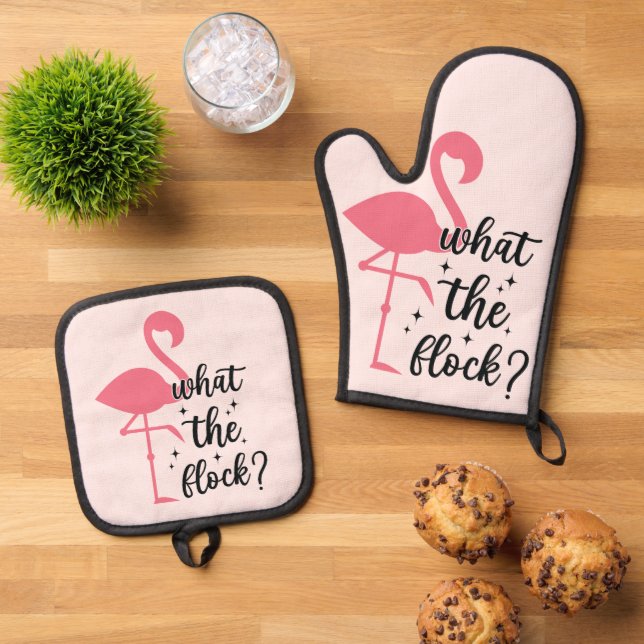 Snarky Pink What the Flock Flamingo Oven Mitt & Pot Holder Set (Top Down)