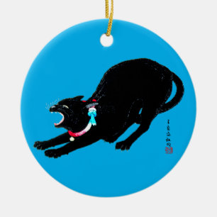 Snarling Hissing Black Japanese Cat Ceramic Ornament