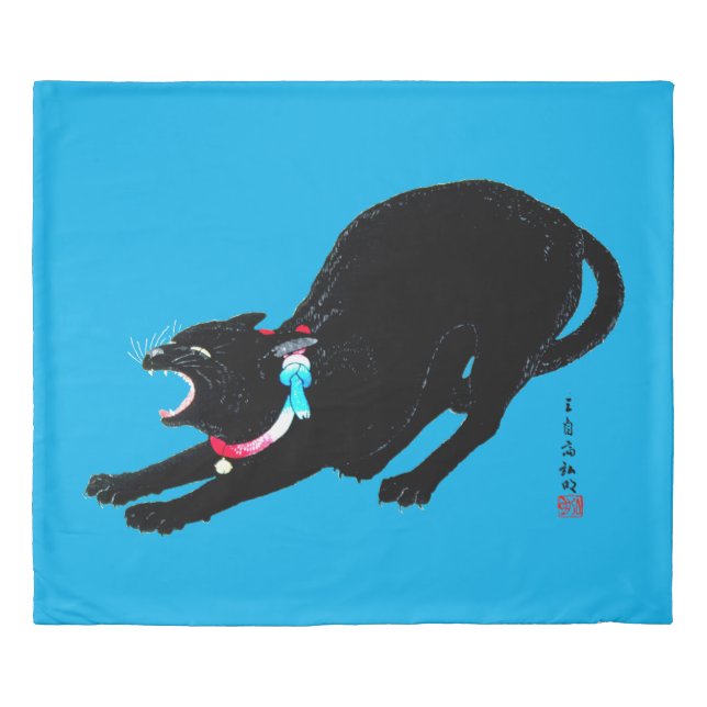Snarling Hissing Black Japanese Cat Duvet Cover (Front)