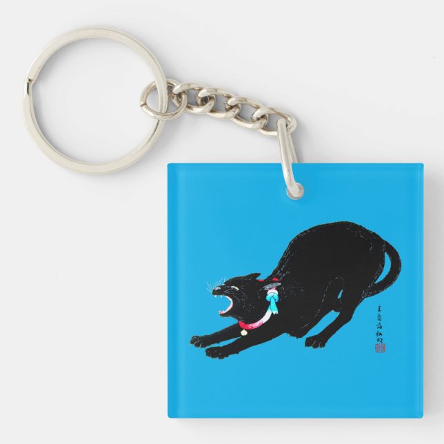 Snarling Hissing Black Japanese Cat Keychain (Front)
