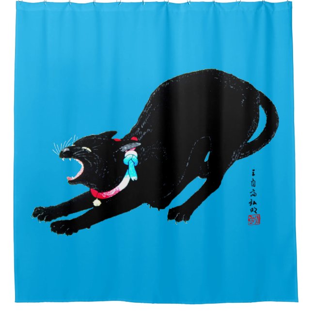 Snarling Hissing Black Japanese Cat Shower Curtain (Front)
