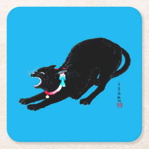 Snarling Hissing Black Japanese Cat Square Paper Coaster