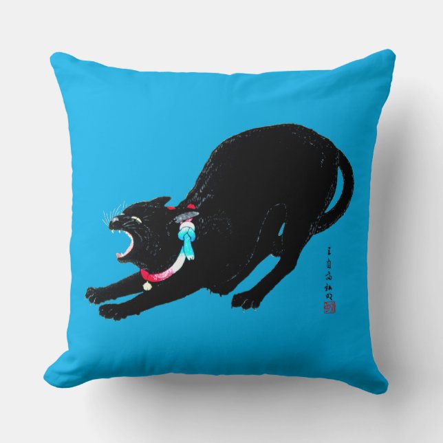 Snarling Hissing Black Japanese Cat Throw Pillow (Front)