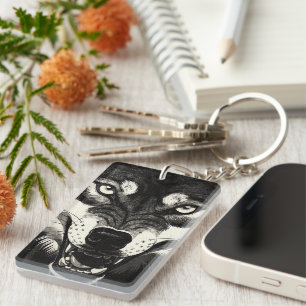 Snarling Wolf 50s Black White Graphics Style Keychain
