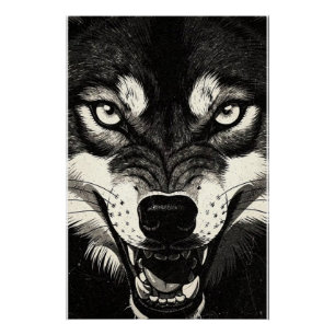 Snarling Wolf 50s Black White Graphics Style Poster