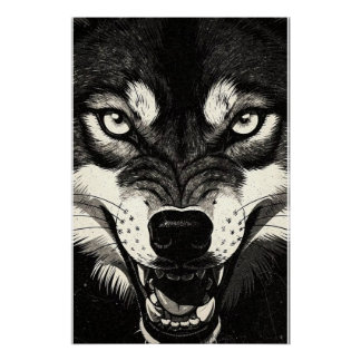 Snarling Wolf 50s Black White Graphics Style  Poster