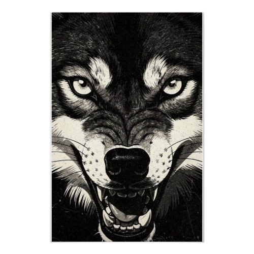 Snarling Wolf 50s Black White Graphics Style Poster