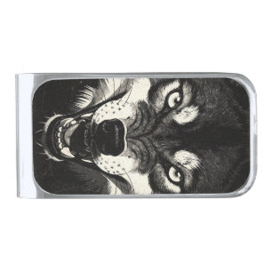 Snarling Wolf 50s Black White Graphics Style Silver Finish Money Clip