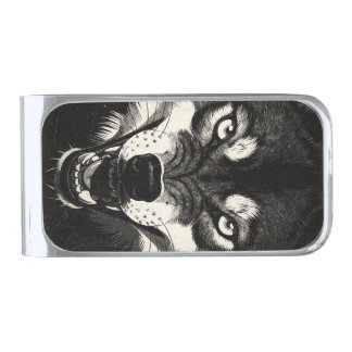 Snarling Wolf 50s Black White Graphics Style  Silver Finish Money Clip
