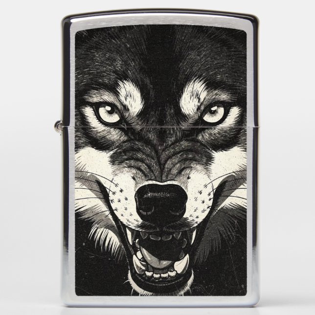 Snarling Wolf 50s Black White Graphics Style  Zippo Lighter (Front)