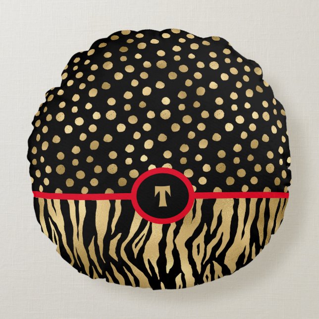 Snazzy Animal Print Inspired Black Gold and Red Round Pillow (Front)