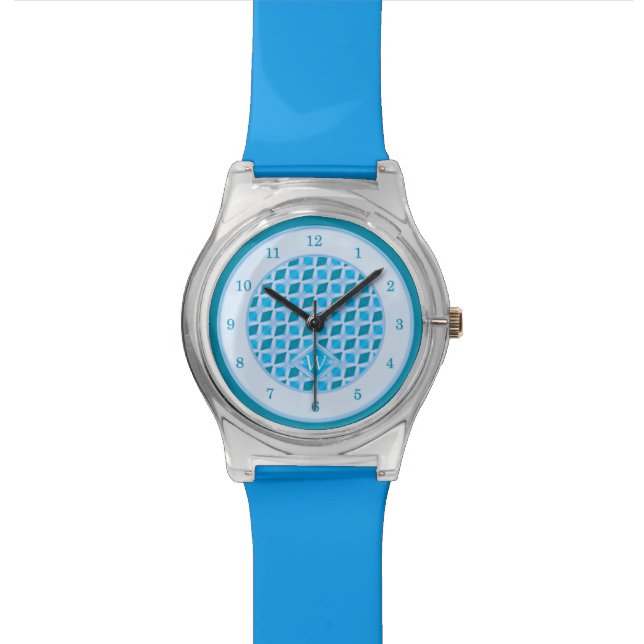 Snazzy Aqua Blue Diamond Pattern Custom Monogram Wrist Watch (Close Up)