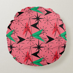 Snazzy Atomic Arrows and Starbursts Aqua Orange Round Pillow
