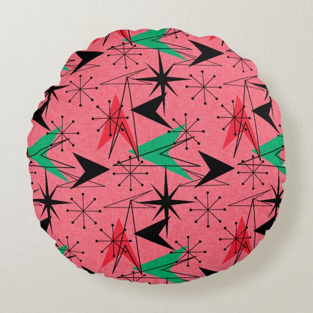 Snazzy Atomic Arrows and Starbursts Aqua Orange Round Pillow (Front)