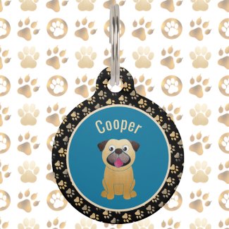 Snazzy Black Teal Pug and Pawprints Dog Name