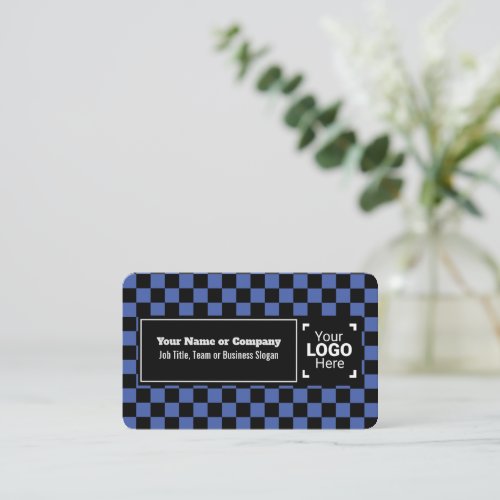 Snazzy Blue  Black Checkered Own Text QR Logo Business Card