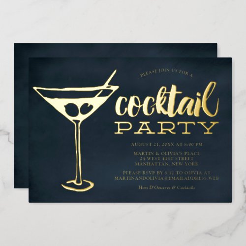 Snazzy Blue Martini Glass Cocktail Party  Foil Invitation