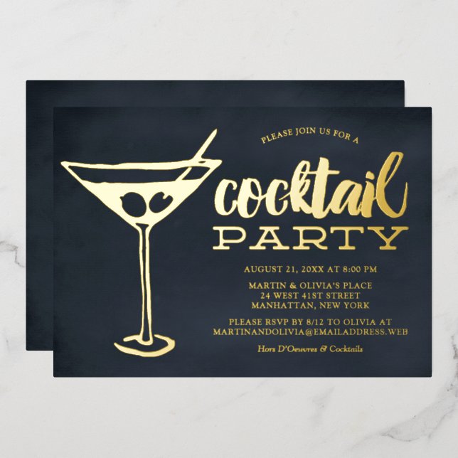 Snazzy Blue Martini Glass Cocktail Party  Foil Invitation (Front/Back)