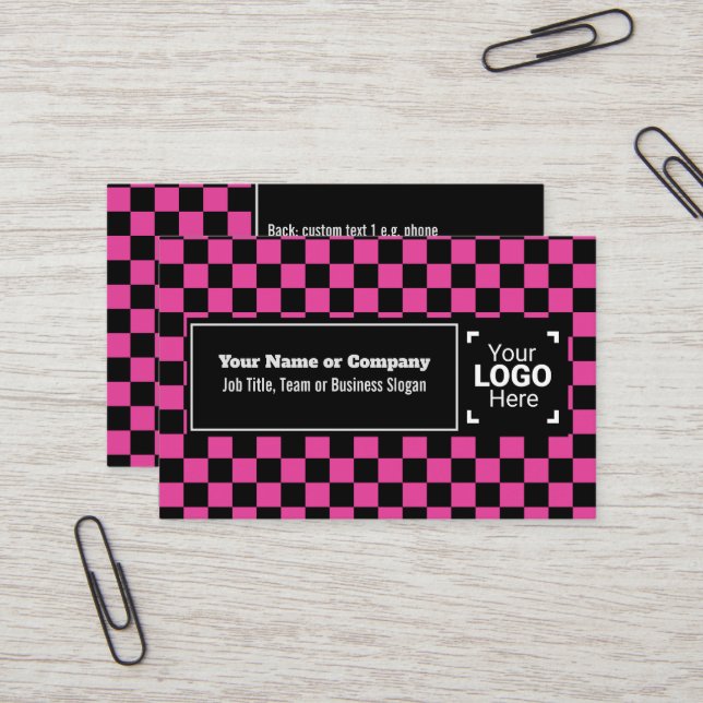 Snazzy Cerise / Black Checkered Own Text, QR, Logo Business Card (Front/Back In Situ)