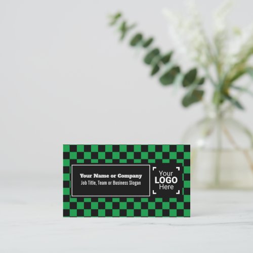 Snazzy Green  Black Checkered Own Text QR Logo Business Card