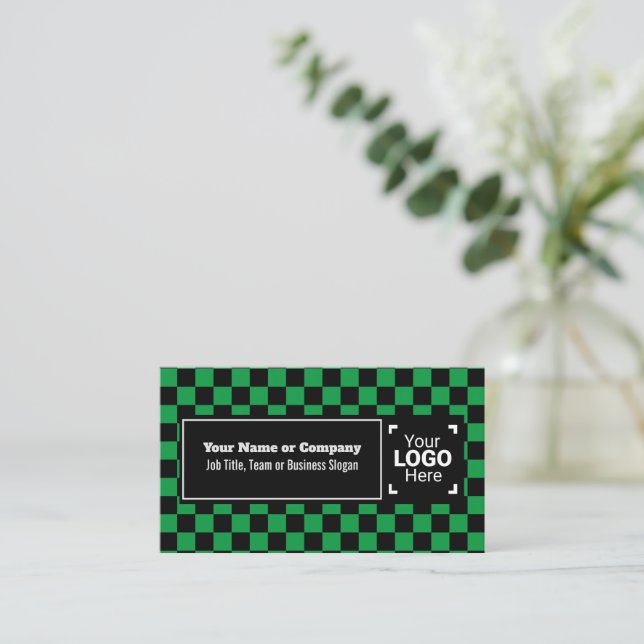 Snazzy Green / Black Checkered Own Text, QR, Logo Business Card (Standing Front)