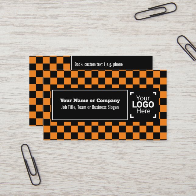 Snazzy Orange / Black Checkered Own Text, QR, Logo Business Card (Front/Back In Situ)