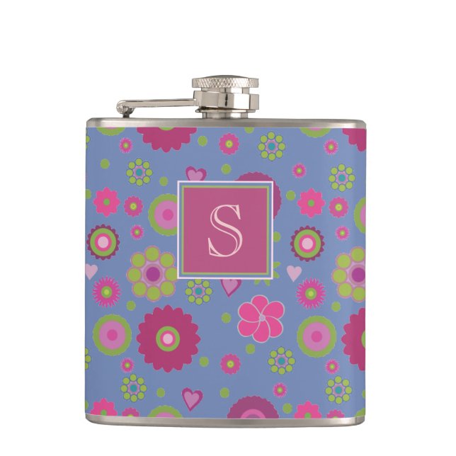 Snazzy Pink and Blue Flower Pattern Monogram Flask (Front)