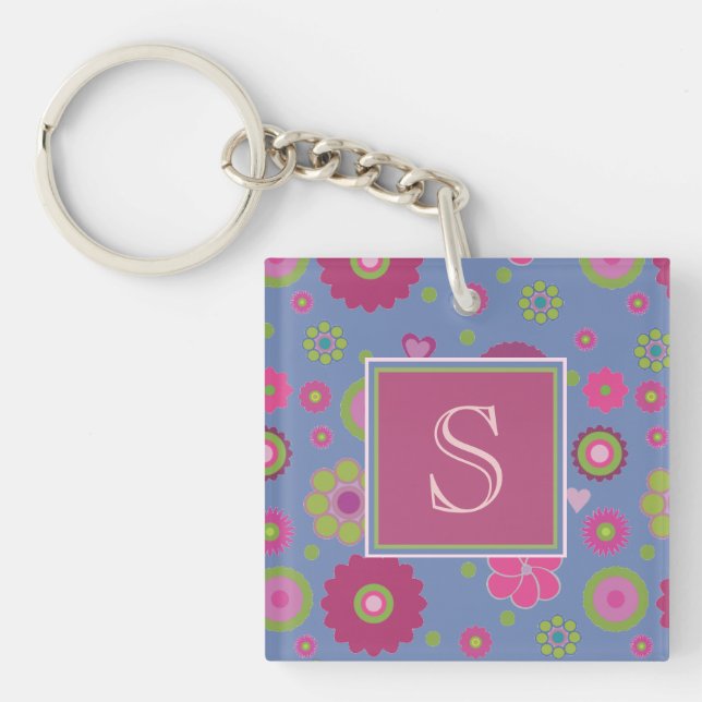 Snazzy Pink and Blue Flower Pattern Monogram Keychain (Front)