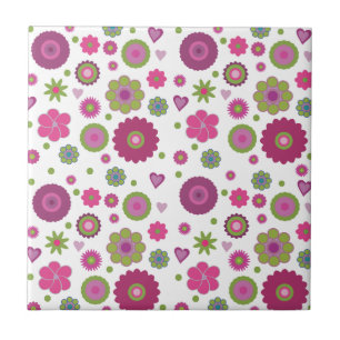 Snazzy Purple and Green Flower Pattern on White Ceramic Tile