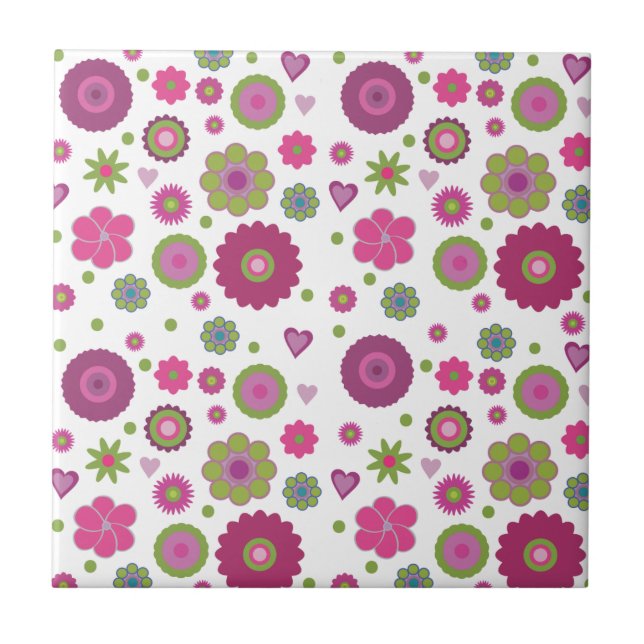 Snazzy Purple and Green Flower Pattern on White Ceramic Tile (Front)