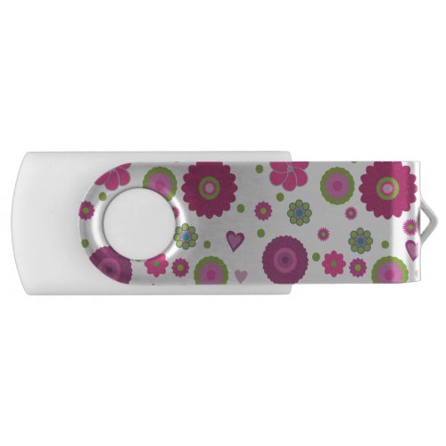 Snazzy Purple and Green Flower Pattern on White Flash Drive