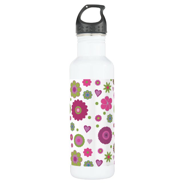 Snazzy Purple and Green Flower Pattern on White Stainless Steel Water Bottle (Front)