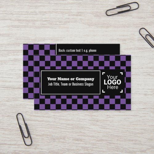 Snazzy Purple  Black Checkered Own Text QR Logo Business Card