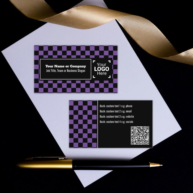 Snazzy Purple / Black Checkered Own Text, QR, Logo Business Card (Creator Uploaded)