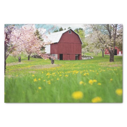 Snazzy Red Barn Posing With Pink Trees and Flowers Tissue Paper