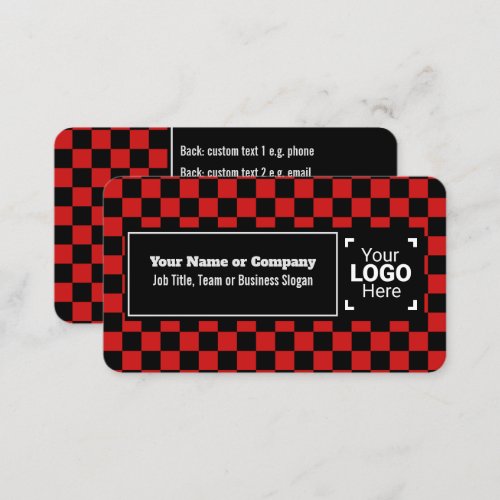 Snazzy Red  Black Checkered Own Text QR Logo Business Card