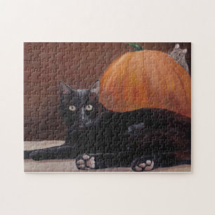 "Sneak Peek" black cat Halloween art Puzzle