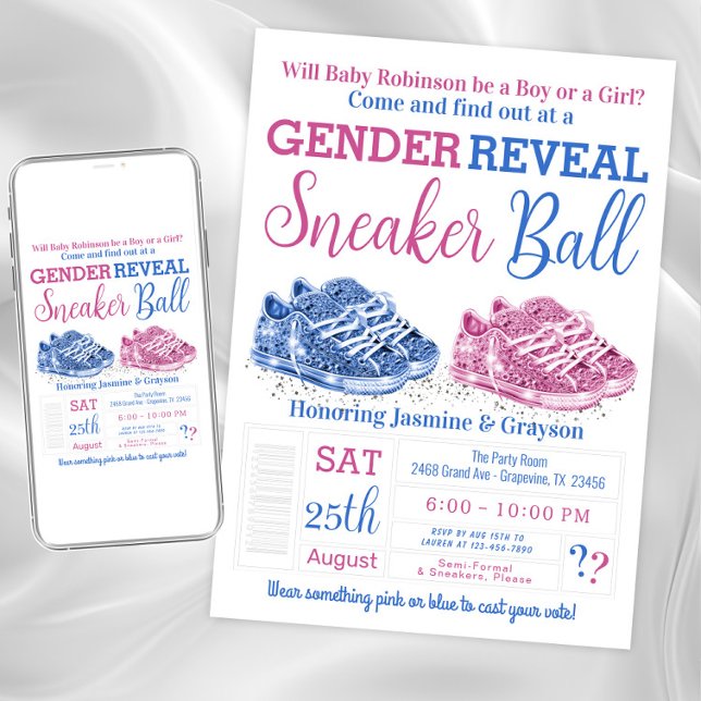 Sneaker Ball Gender Reveal Shower Invitation (Sneaker ball gender reveal shower invitation. Instant download and printed invitations available.)