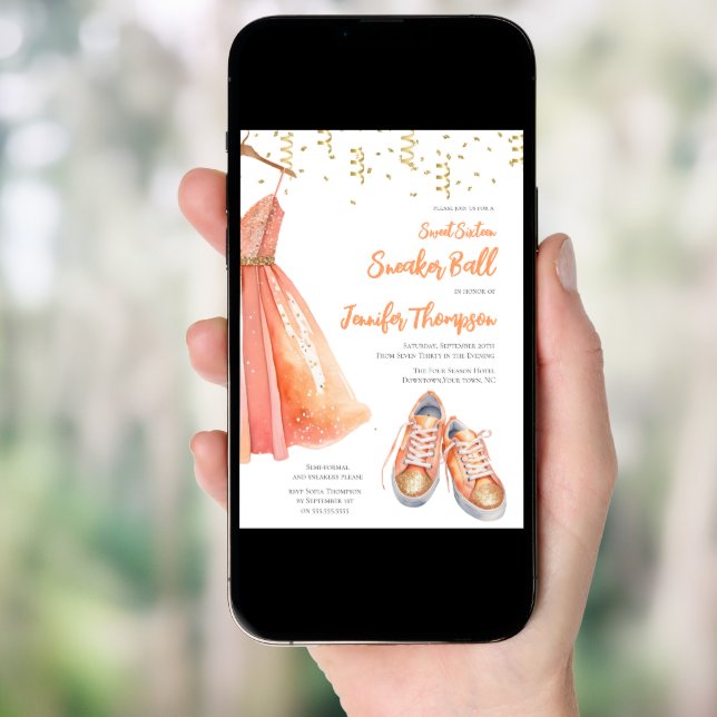 Sneaker Ball Sweet 16 Peach and Gold Glitter  Invitation (Front Digital)