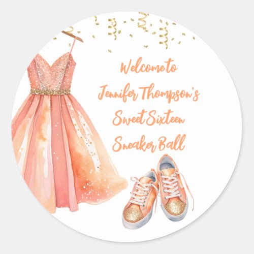 Sneaker Ball Sweet 16 Peach  Gold Glitter  Classic Round Sticker