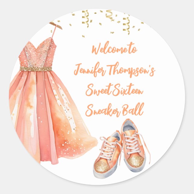 Sneaker Ball Sweet 16 Peach & Gold Glitter  Classic Round Sticker (Front)