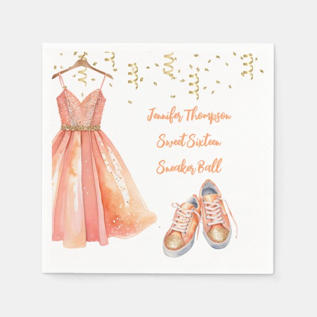 Sneaker Ball Sweet 16 Peach & Gold Glitter  Napkins (Front)