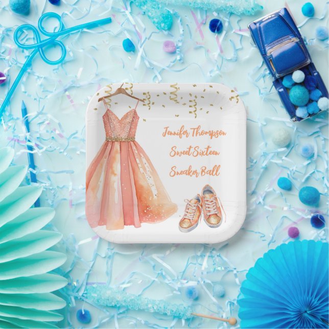 Sneaker Ball Sweet 16 Peach & Gold Glitter Paper Plates | Zazzle