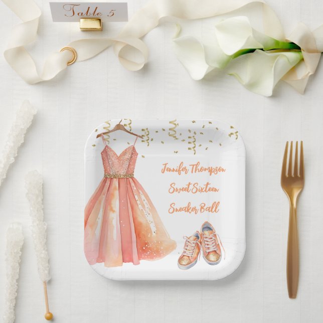 Sneaker Ball Sweet 16 Peach & Gold Glitter Paper Plates | Zazzle