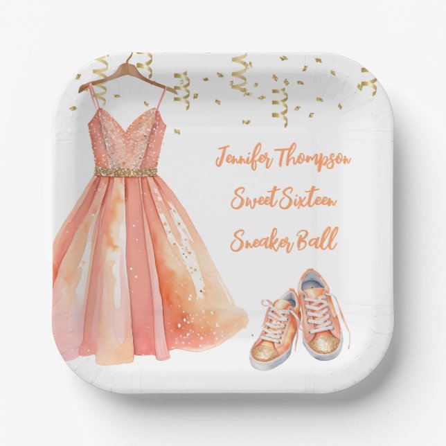 Sneaker Ball Sweet 16 Peach & Gold Glitter  Paper Plates (Front)