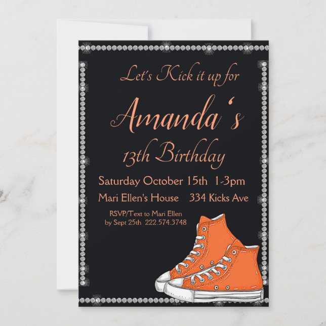 Sneaker Birthday,  Orange Sneakers, Diamonds Invitation (Front)